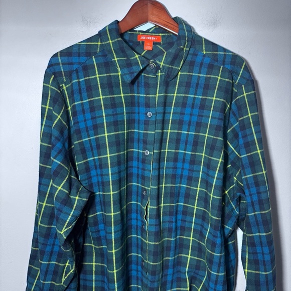 Joe Fresh Green Plaid Button Down Tunic Top Size 3x 100% Cotton - Picture 3 of 8